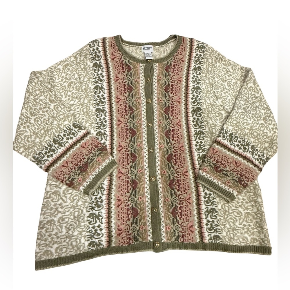 Vintage Koret Patterned Knit Cardigan Sweater Women’s 1X Cottagecore Grandpa